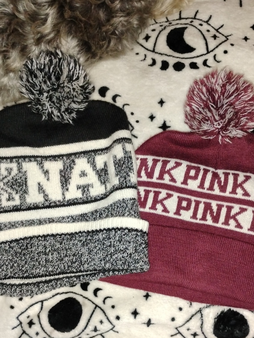 PINK Victoria's Secret Pom Beanie Duo in Black & Burgundy Bundle GUC